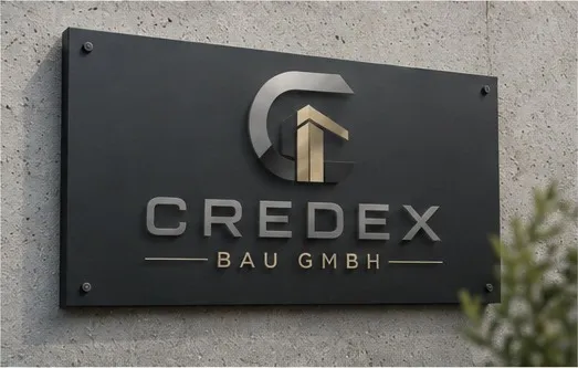 Firmenschild der Credex Bau GmbH an einer Betonwand