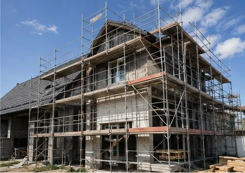 Eingerüstetes Einfamilienhaus während der Sanierung
